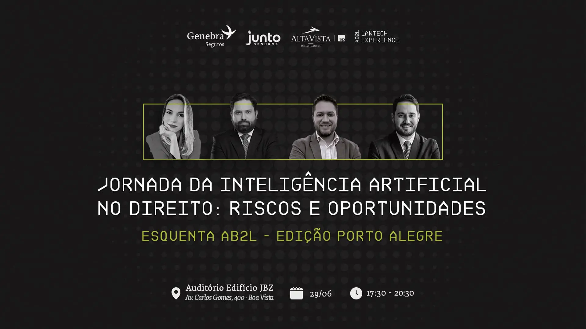 Imagem preta com três homens e uma mulher falando sobre as informações do evento.