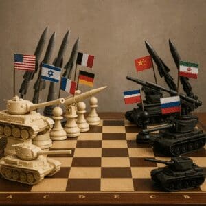 Tabuleiro geopolítico representando conflitos globais.