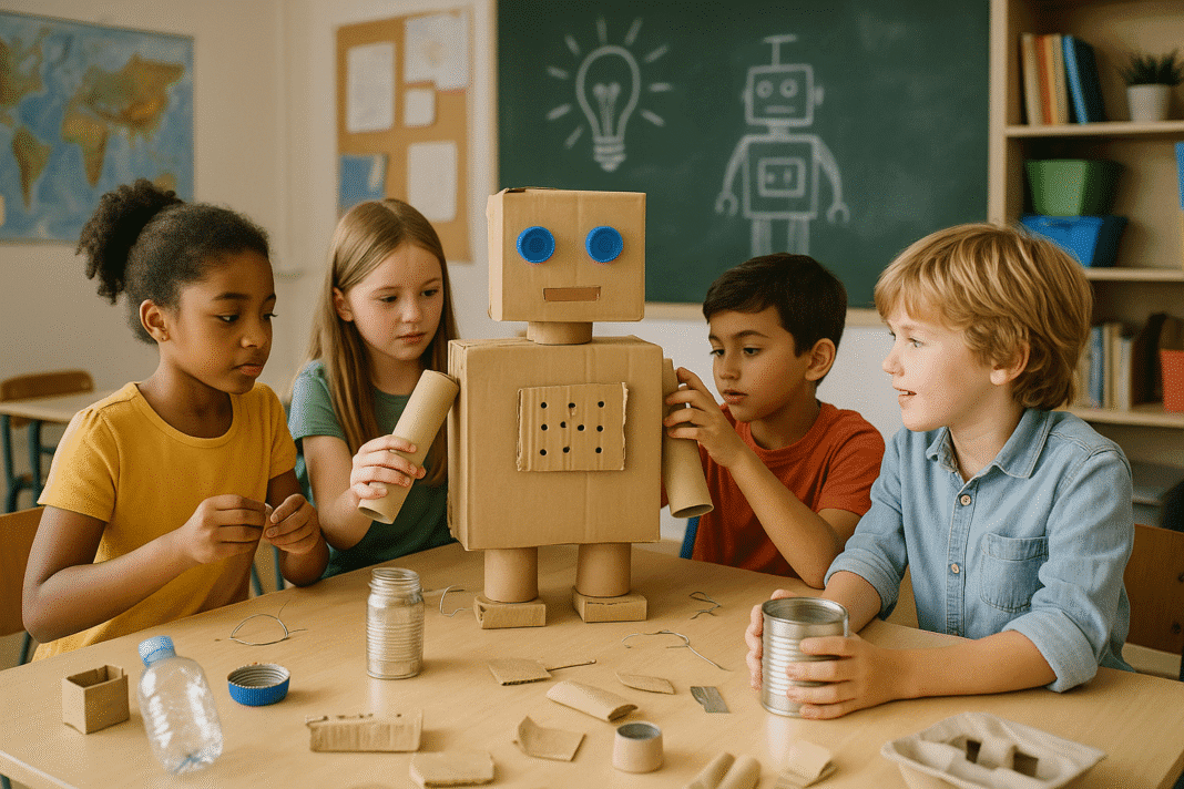 A imagem mostra quatro crianças em uma sala de aula, reunidas ao redor de uma mesa enquanto constroem um robô utilizando materiais recicláveis. O robô é feito principalmente de papelão, com uma cabeça cúbica, olhos feitos de tampas plásticas azuis e braços compostos por rolos de papel. Na mesa, há diversos itens reutilizados, como latas, tampas de garrafa, fios e pedaços de papelão. As crianças — diversas em etnia e gênero — trabalham juntas com atenção e entusiasmo. Ao fundo, há um quadro verde com desenhos de uma lâmpada e de um robô, sugerindo um ambiente educativo voltado para criatividade e tecnologia sustentável. A sala está bem iluminada e organizada, com mapas e estantes, criando um clima acolhedor e estimulante.