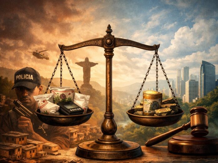 Ilustração dividida mostrando uma balança da justiça com drogas e dinheiro, ao fundo contraste entre periferia e área nobre.
