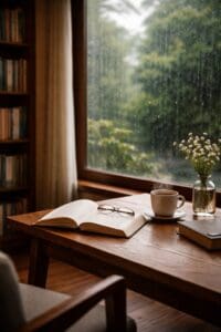 Biblioteca silenciosa com luz natural e clima de chuva, evocando contemplação, sentidos e o cheiro de talvez.