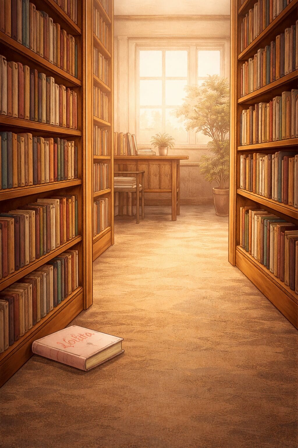 Corredor de biblioteca com estantes de livros iluminadas pela luz da tarde e um exemplar de Lolita no chão.